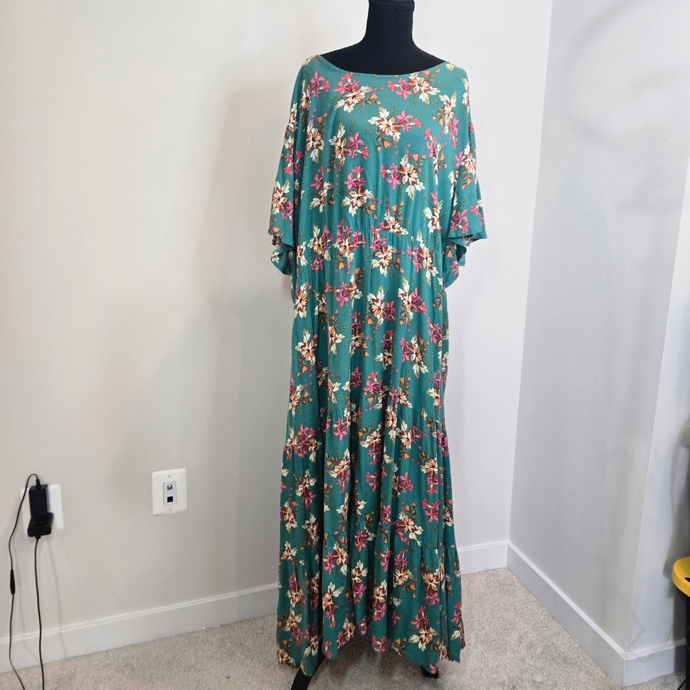 Nemidor Maxi Dress Women Size 26 Green Floral Tiered Flutter Sleeve (D9)